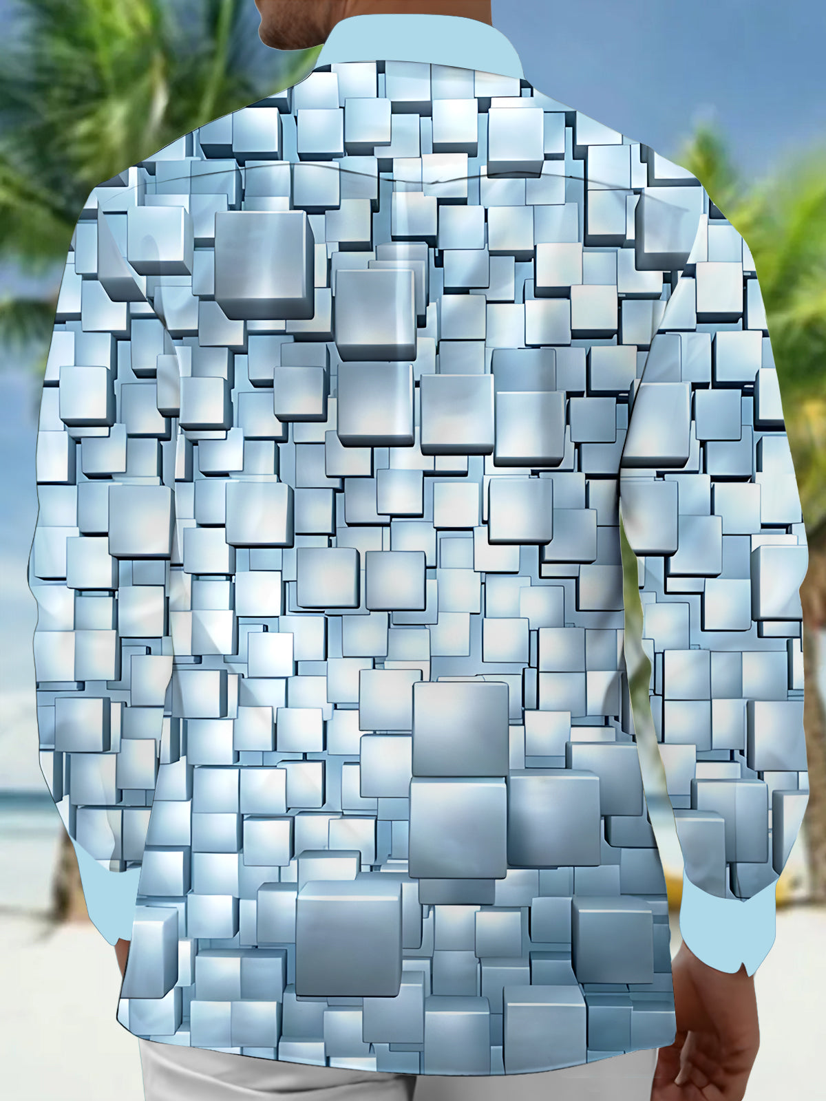 Geometric Square Print Men's Pocket Long Sleeve Shirts