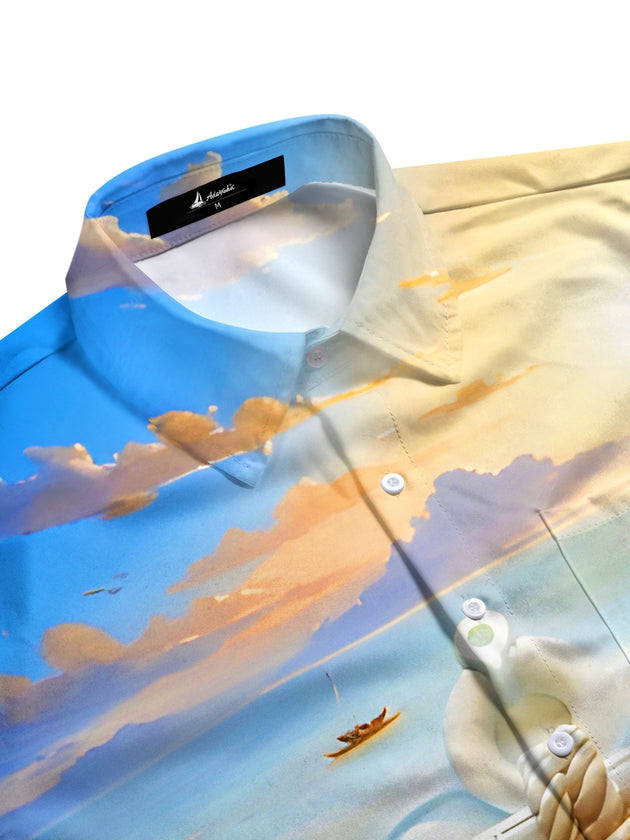 Men's ocean print short sleeve shirt flat lay pattern detail