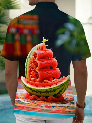 men's funny watermelon fruit carving boat print short sleeve shirt back view