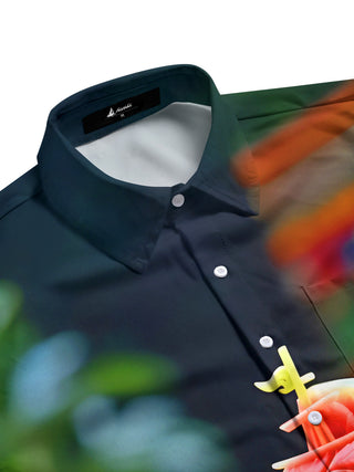 Men's casual side view watermelon fruit carving boat pattern pocket short sleeve shirt