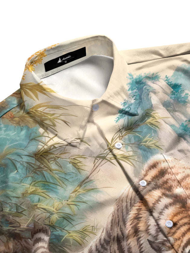 Men's forest tiger print pocket short sleeve shirt flat lay pattern