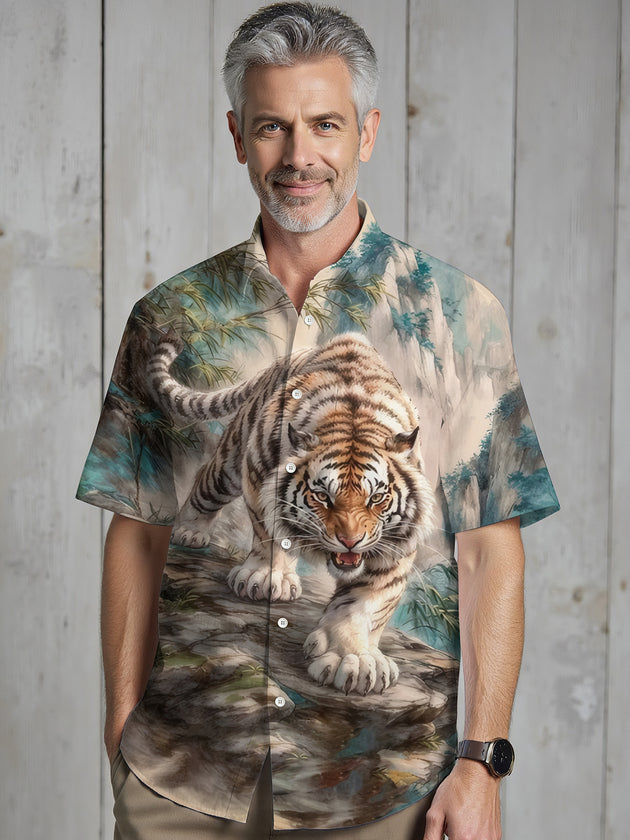 Men's forest tiger print half sleeve pocket shirt side view