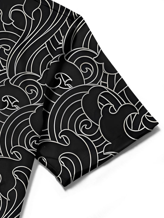 Men's abstract print short sleeve shirt detail close-up fabric stitching