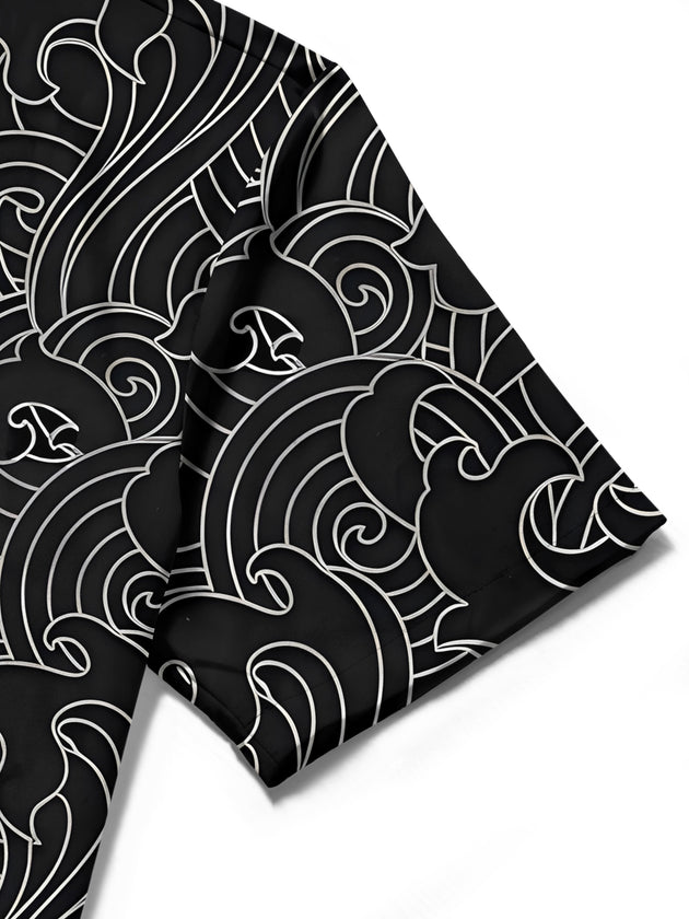 Men's abstract print short sleeve shirt detail close-up fabric stitching