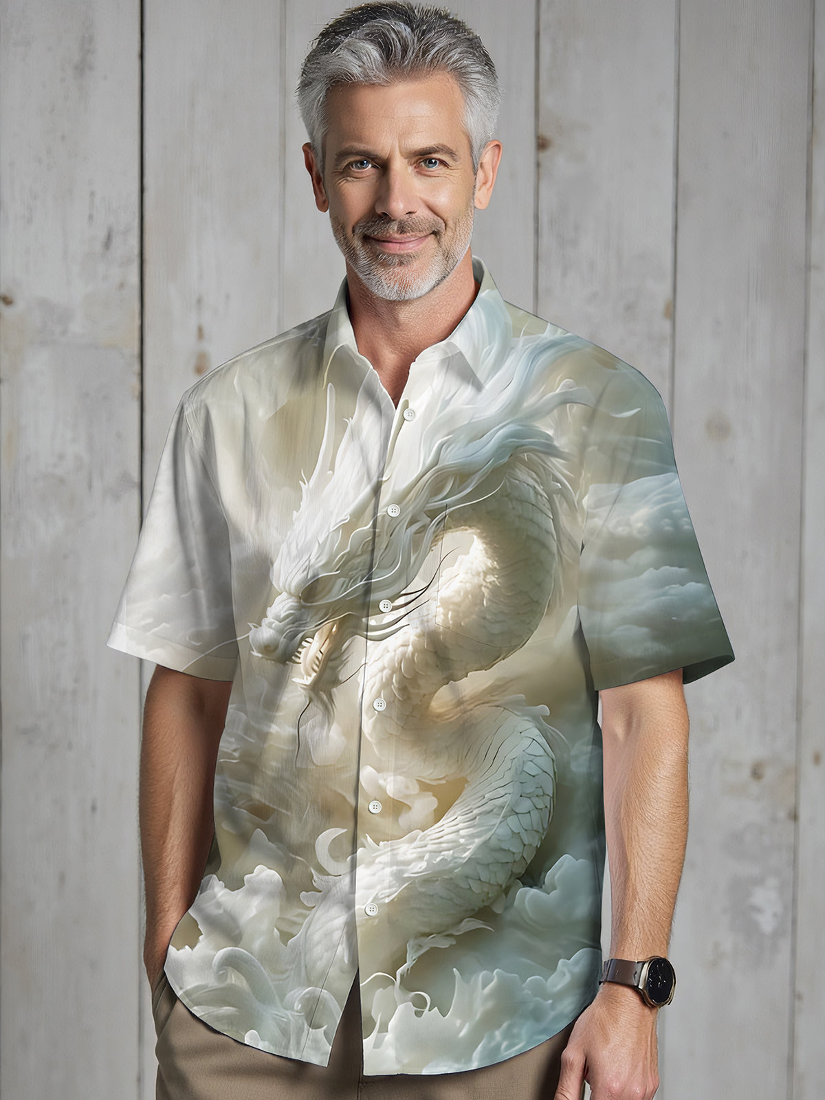 Dragon Art Print Men's Pocket Short Sleeve Shirts