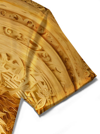 Men's short sleeve shirt with golden dragon tiger relief detail close-up