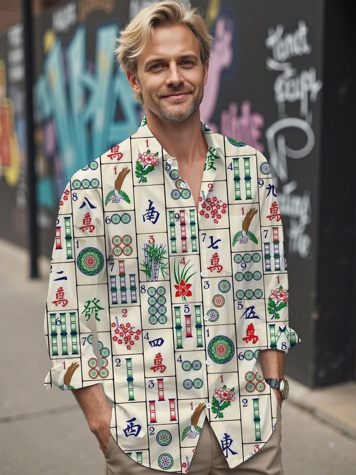 Mahjong Print Men's Pocket Long Sleeve Shirts