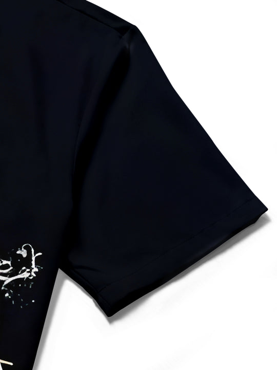 Men's blue floral short sleeve shirt close-up detail view