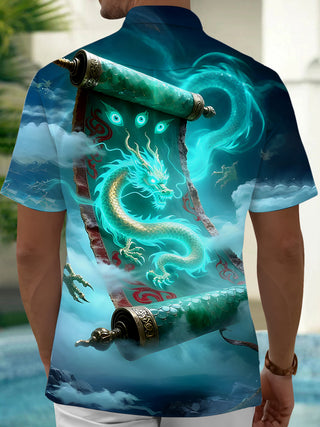 Men's dragon print pocket short sleeve shirt back view