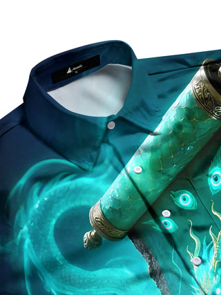 Men's dragon print short sleeve shirt side view