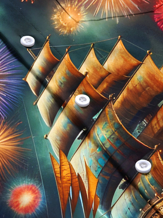men's short sleeve shirt with fireworks turbine boat pattern flat lay view
