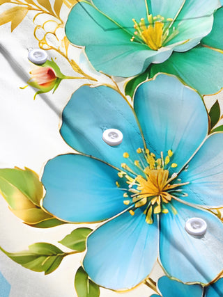 Men's floral short sleeve shirt close-up detail view