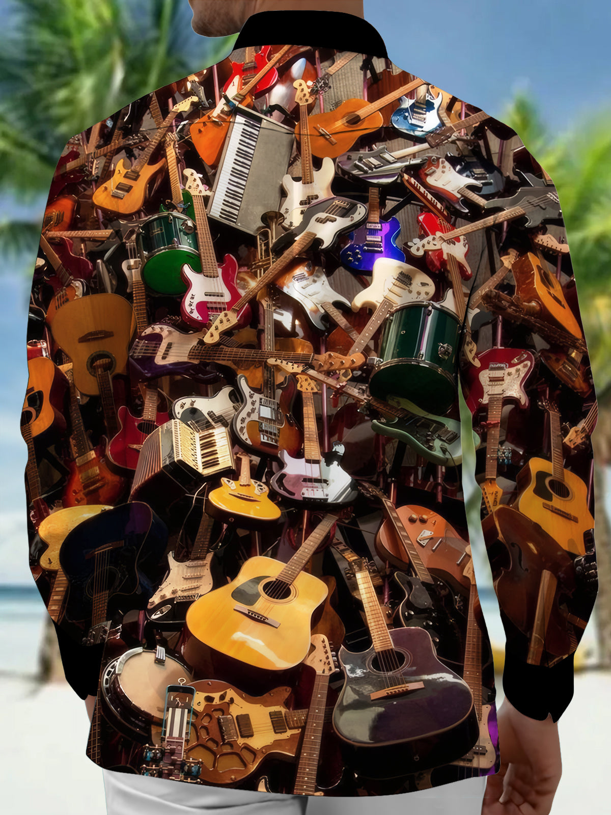 Musical Instruments Guitar Print Men's Pocket Long Sleeve Shirts