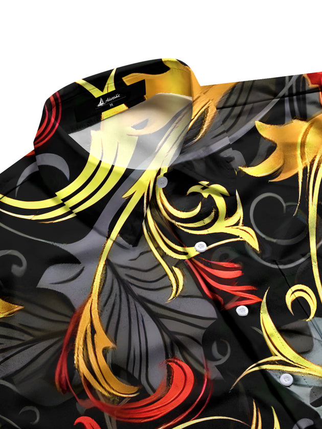 Men's floral short sleeve shirt close-up detail view