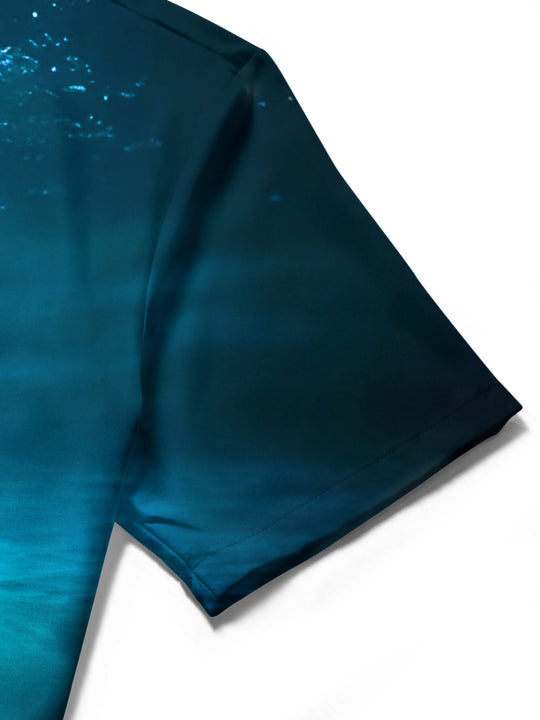 Men's Sharks Playing Poker Short Sleeve Shirt Close-Up Fabric Detail