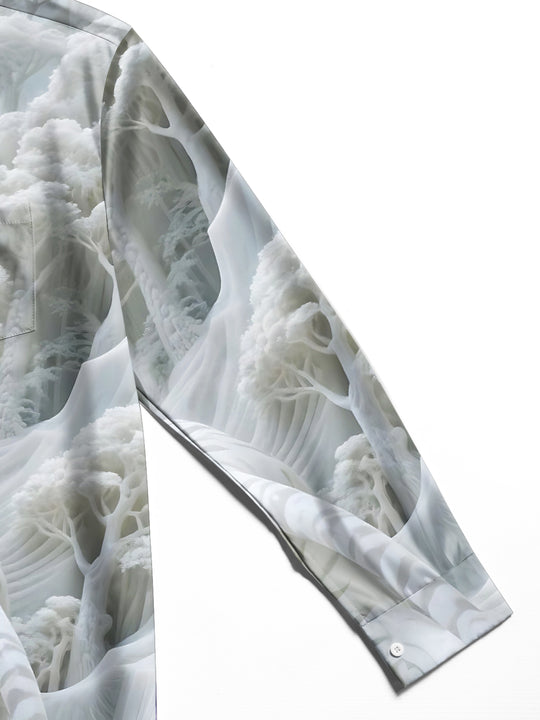 Men's forest tiger print long sleeve shirt close-up detail view