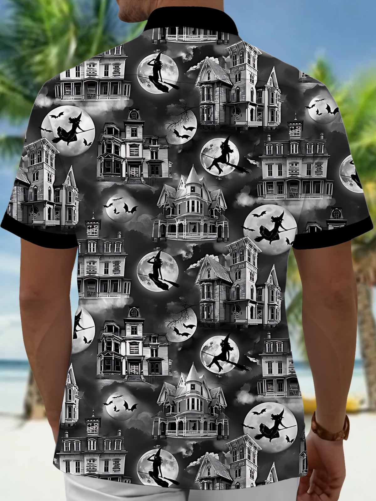 Halloween Witch Haunted House Print Men's Pocket Short Sleeve Shirts