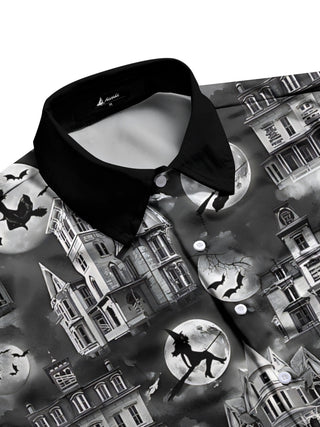Men's black short sleeve shirt with haunted house print, side view