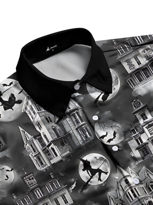 Men's black short sleeve shirt with haunted house print, side view
