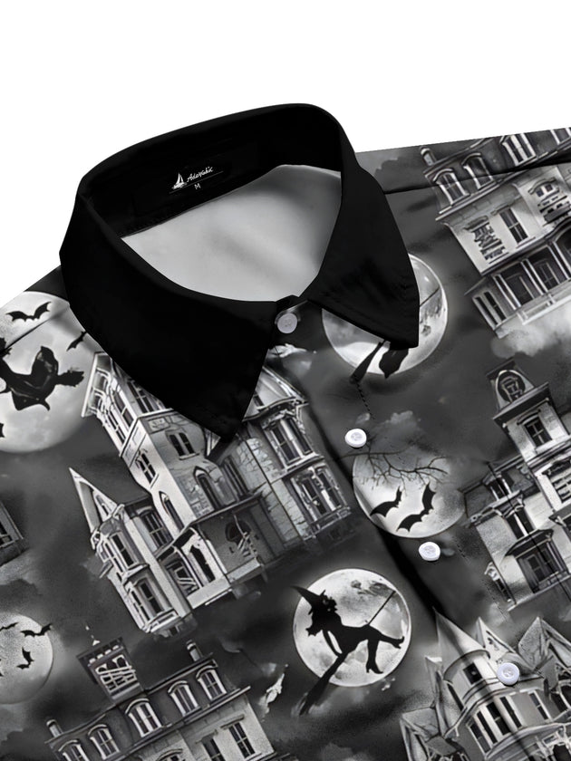 Men's black short sleeve shirt with haunted house print, side view