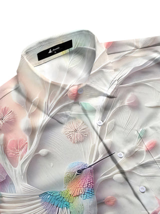 men's bird flower art print short sleeve shirt side view
