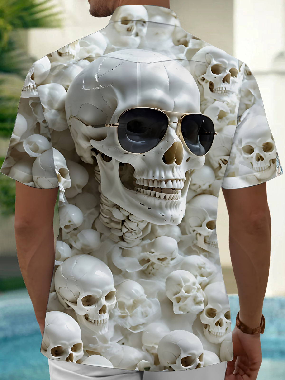 Skull Print Men's Pocket Short Sleeve Shirts