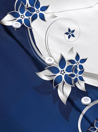 Men's blue floral short sleeve shirt close-up detail view