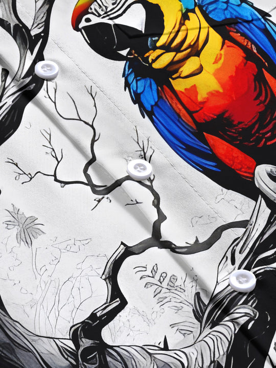 men's parrot print short sleeve flat lay shirt