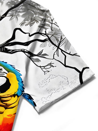 men's parrot print shirt close-up short sleeve
