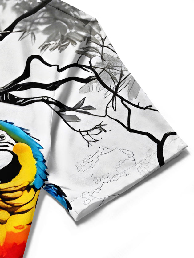 men's parrot print shirt close-up short sleeve