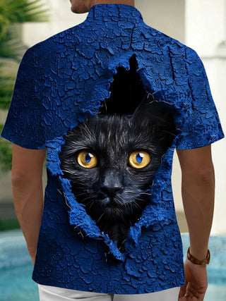 Men's short sleeve shirt with cat art print back view