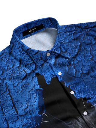 Men's casual short sleeve shirt with cat art print, side view