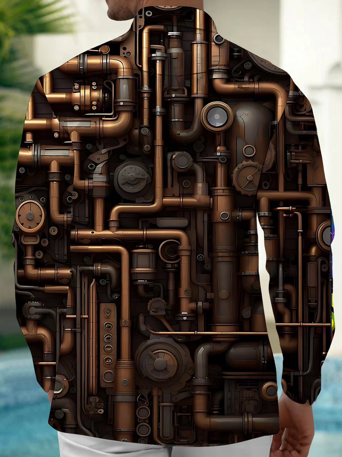 Steampunk Machines Print Men's Pocket Long Sleeve Shirts