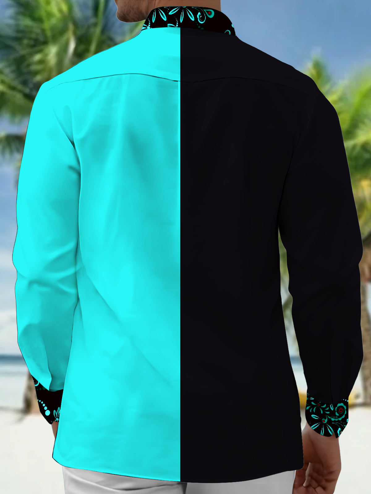 Color Block Floral Men's Pocket Long Sleeve Shirts