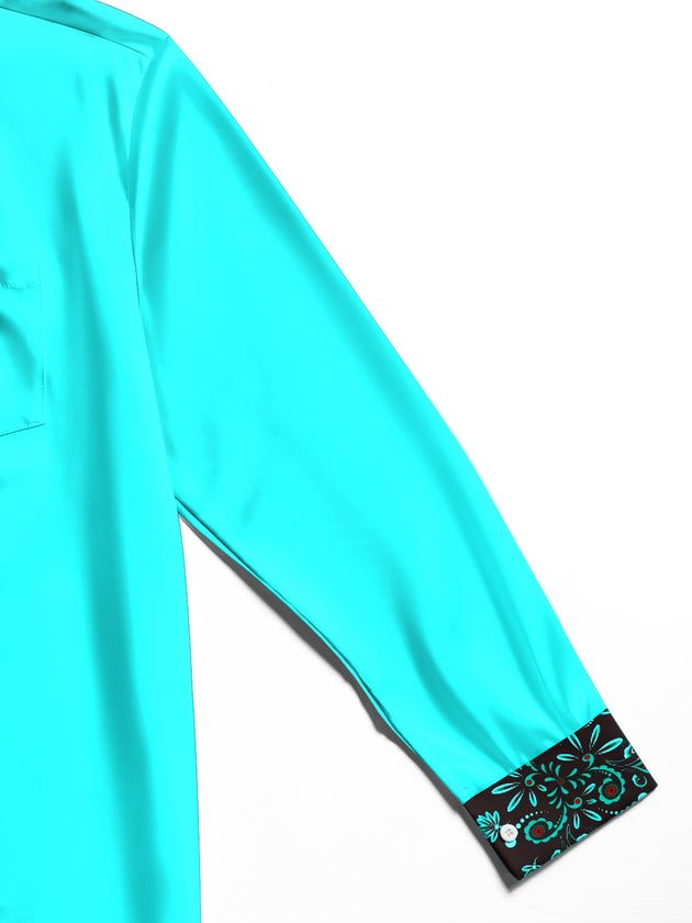 Men's Color Block Floral Long Sleeve Shirt Close-Up Detail View