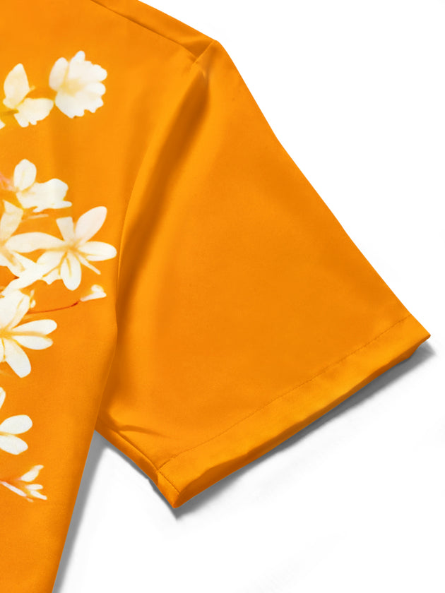 Men's floral short sleeve shirt close-up detail view
