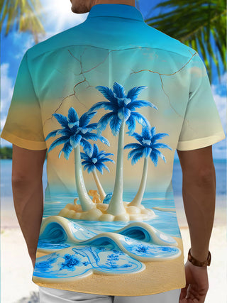 Men's blue Hawaiian palm tree print short sleeve shirt back view