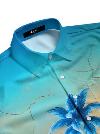 Men's aloha coconut tree beach print short sleeve shirt side view