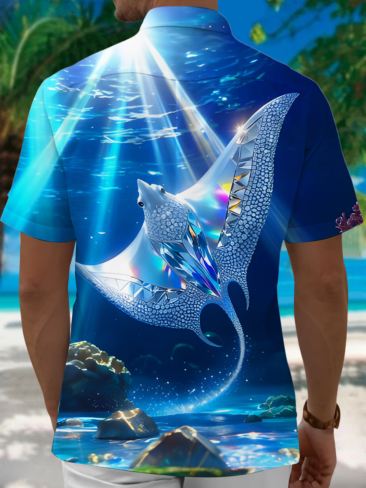 Manta Ray Gradient Diamond Fantasy Marine Life Men's Pocket Short Sleeve Shirts
