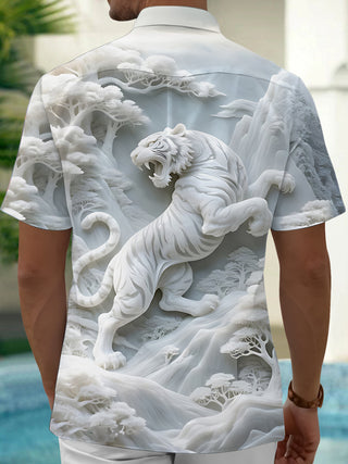 Men's White Tiger Print Pocket Short Sleeve Shirt Back View