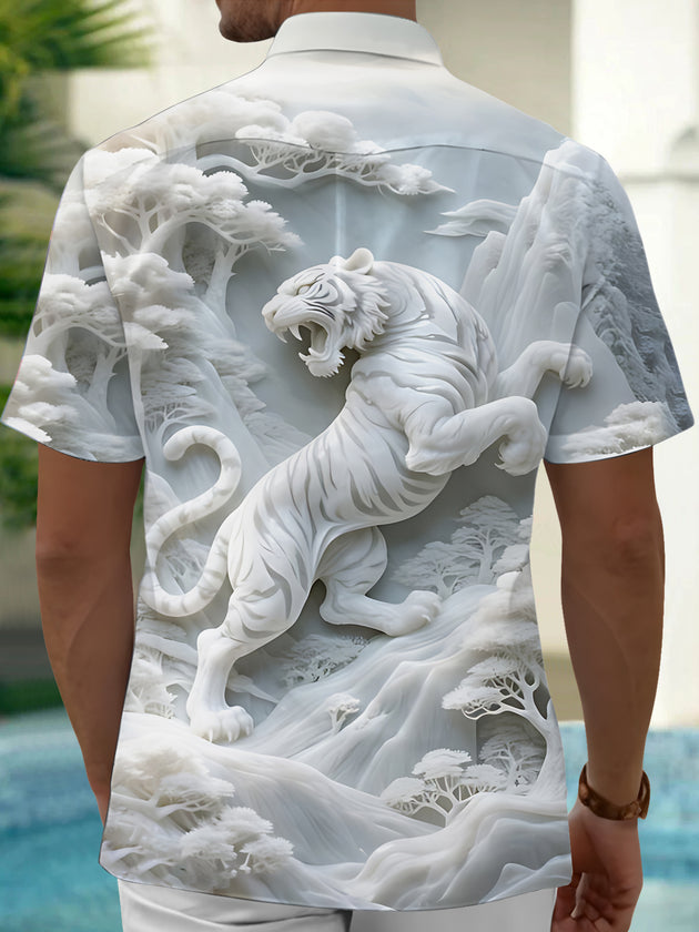 Men's White Tiger Print Pocket Short Sleeve Shirt Back View