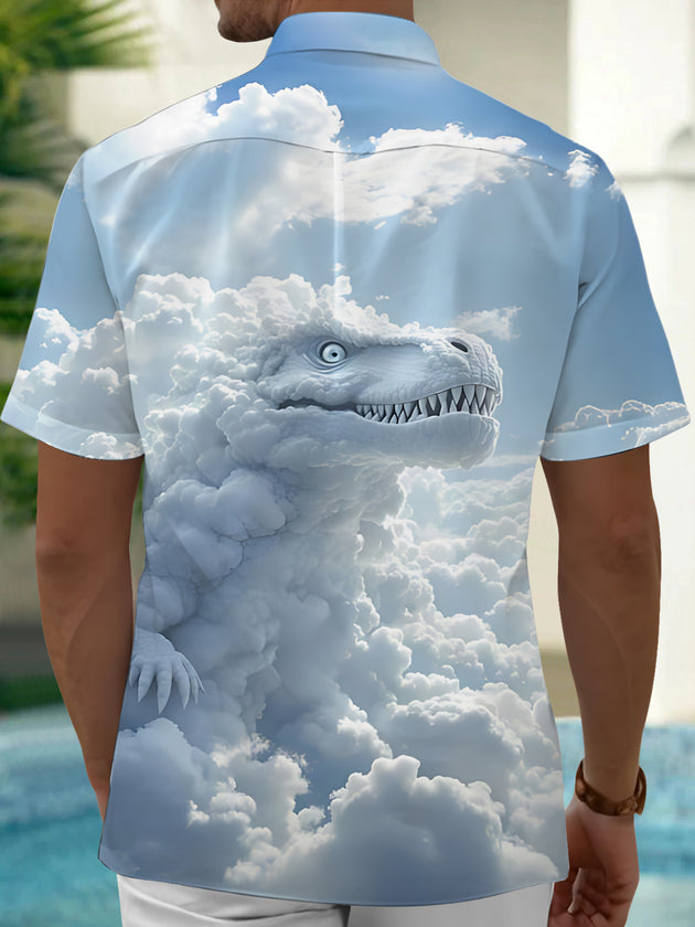 Men's cloud dinosaur art print pocket short sleeve shirt back view