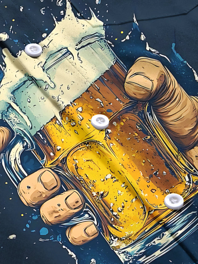 Men's beer print short sleeve shirt flat lay pattern detail