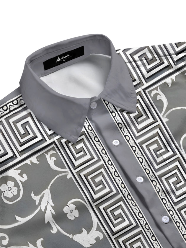 Men's short sleeve floral shirt, side view, botanical print, half sleeve design.