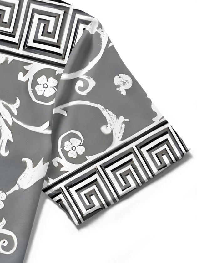 Men's geometry floral pocket short sleeve shirt close-up fabric texture detail