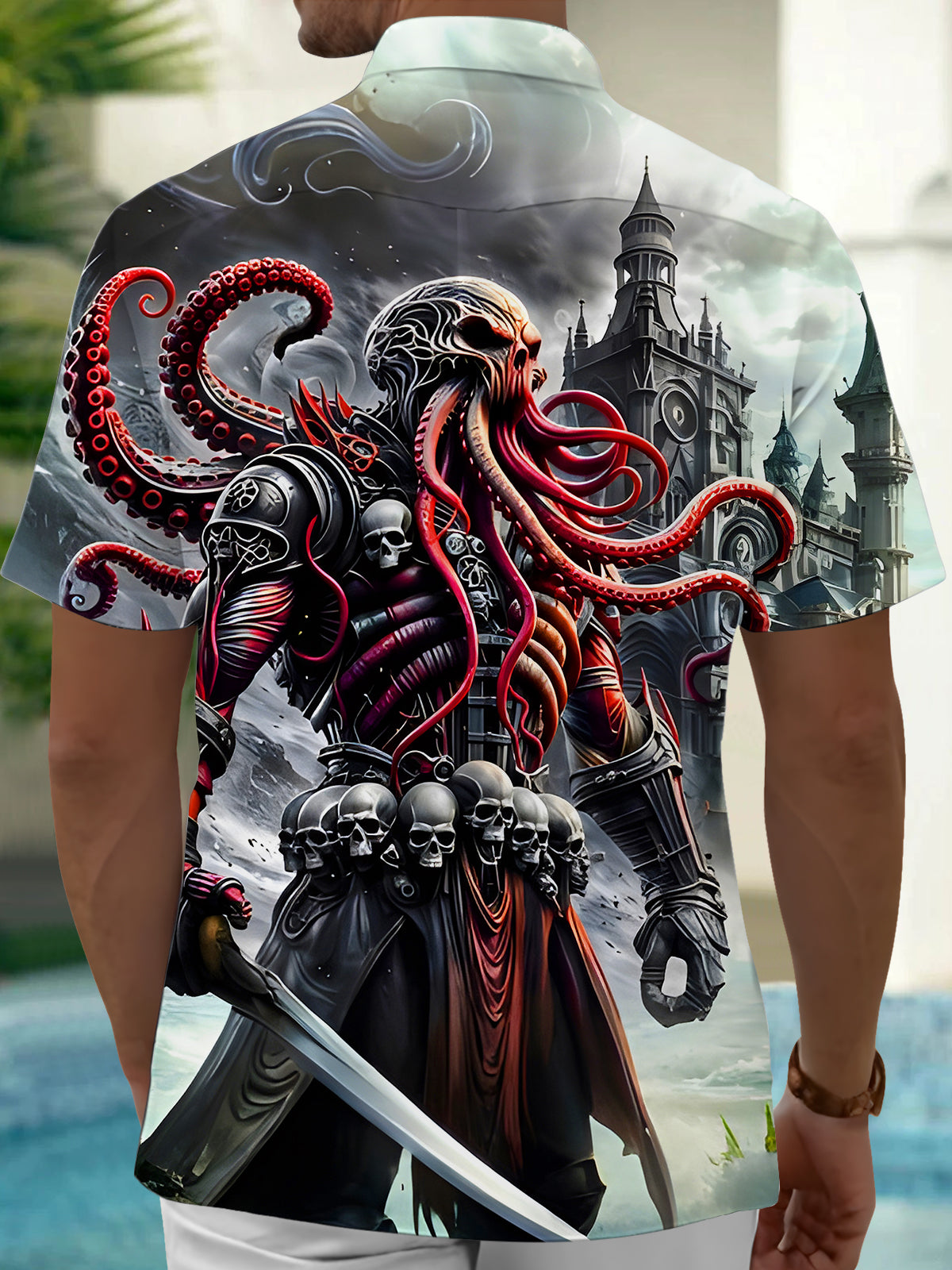 Dark Abstract Octopus Skull Men's Pocket Short Sleeve Shirts