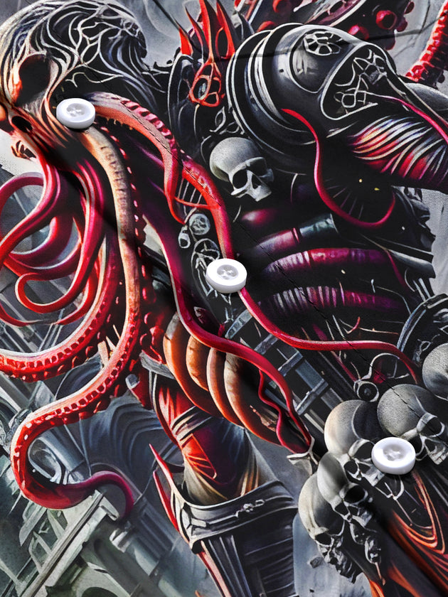 men's dark abstract octopus skull print short sleeve shirt flat lay