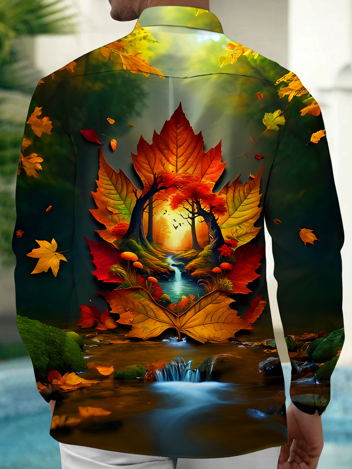 Autumn Maple Tree Waterfall Men's Pocket Long Sleeve Shirts