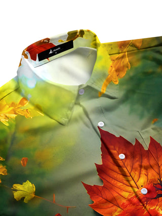 Men's long sleeve shirt side view with autumn maple tree waterfall pattern