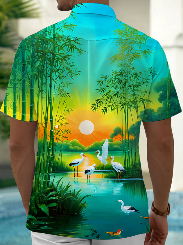 Men's green bamboo forest crane sunset print short sleeve shirt back view